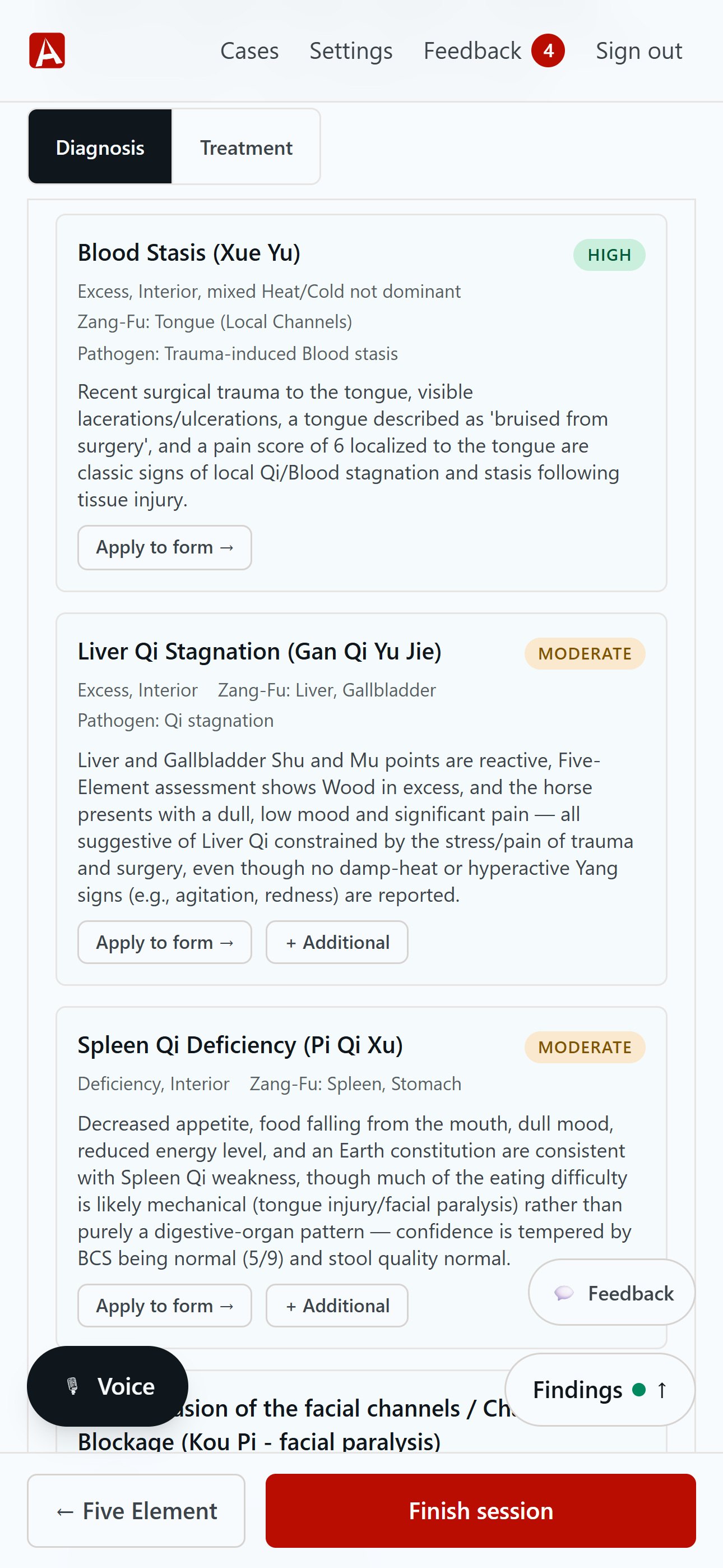 AnimaChart's AI diagnosis suggestion: ranked pattern cards with confidence pills and an Apply to form button.