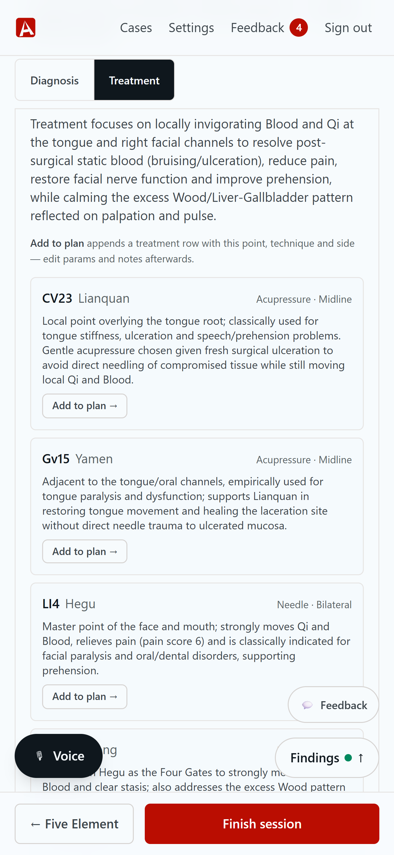 AnimaChart's AI treatment suggestion: suggested acupuncture points with technique and side, and an Add to plan button.