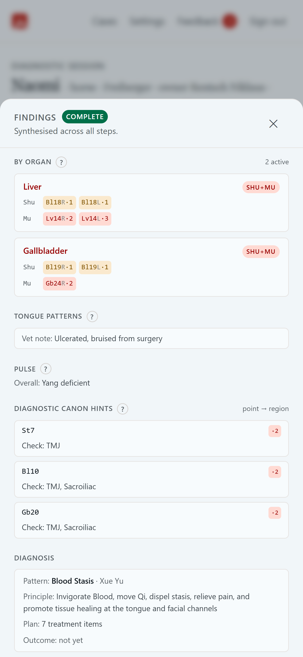 AnimaChart's live findings panel: by-organ rollup with trio flags, Sheng/Ke disturbances, tongue patterns, pulse readouts and a diagnosis snapshot.