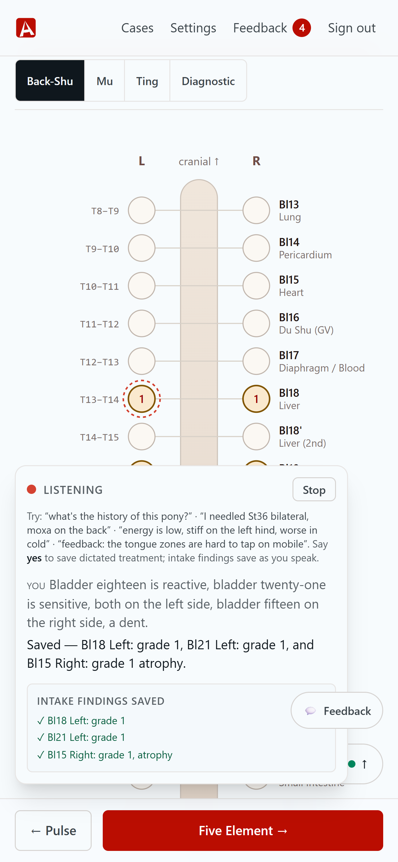 AnimaChart's hands-free voice assistant listening, with live captions and findings saved as the vet speaks.